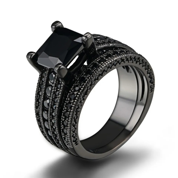 Jewelry - Fancy Black Princess Cut Bridal Sets in Black Sterling Silver
